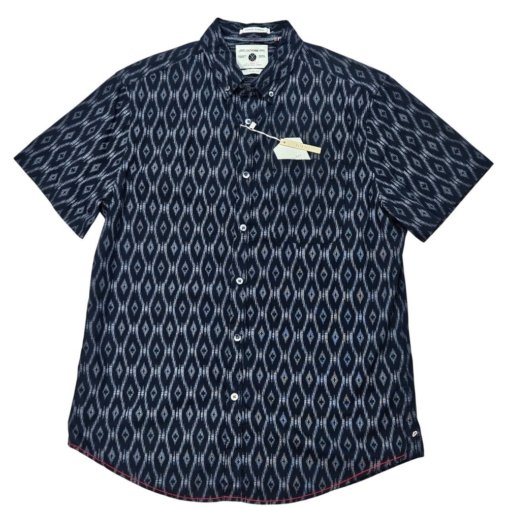Cactusman Mens Slim Fit Ikat Diamond Button Down Shirt Navy Blue White Large NEW